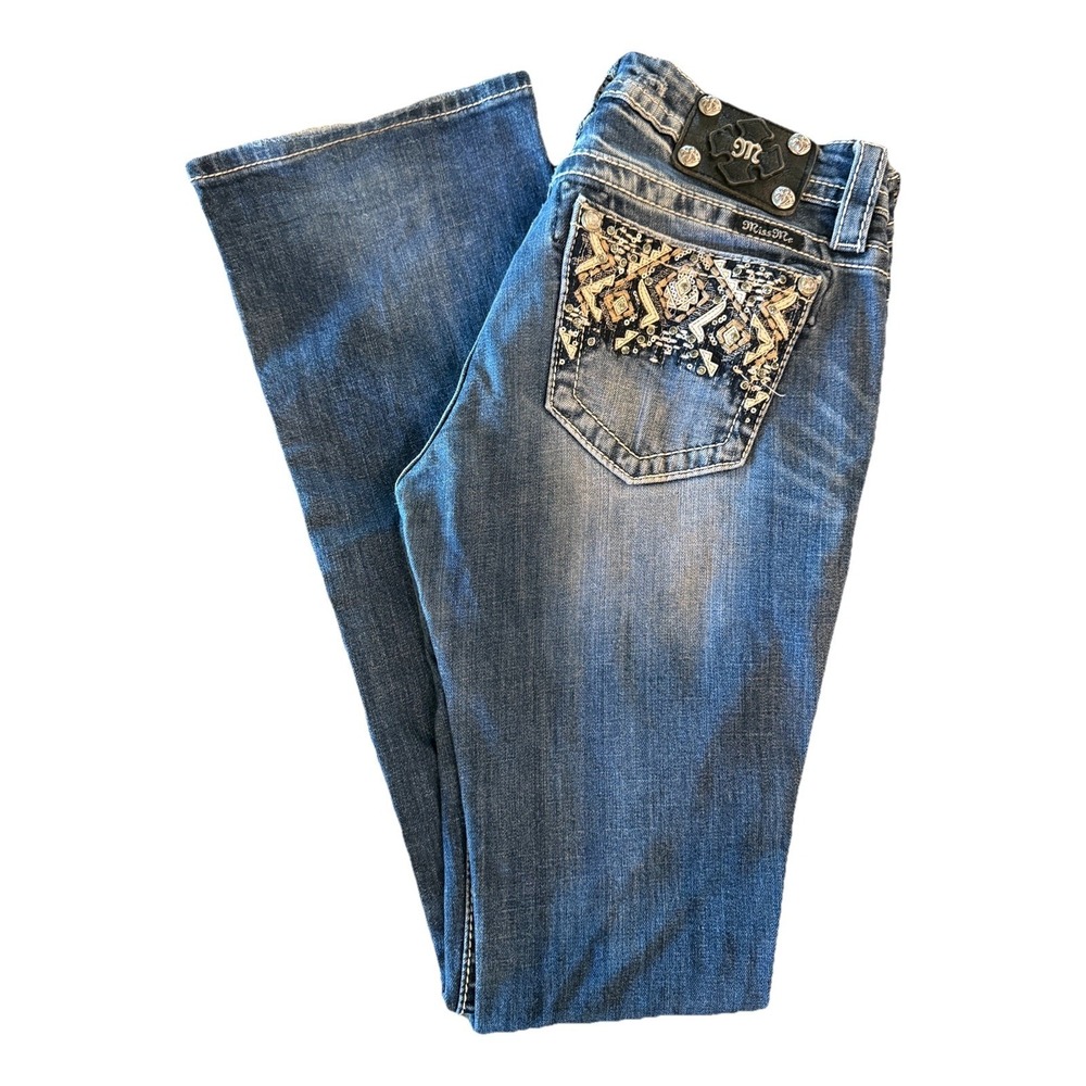 Miss Me Signature Boot Women's Jeans Mid Rise Size 27 Embroidered Bling 30x32.5"